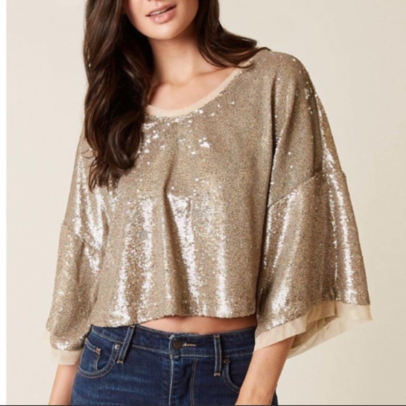FP | Champagne Dreams Sequined Slouchy Dolman Cropped Boxy Blouse - Picture 2 of 15